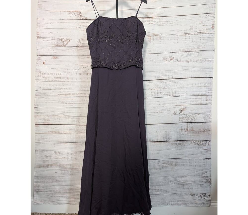 Montage Mon Cheri Gown Womens 14 Eggplant Purple 100% Silk Chiffon Beaded Formal
